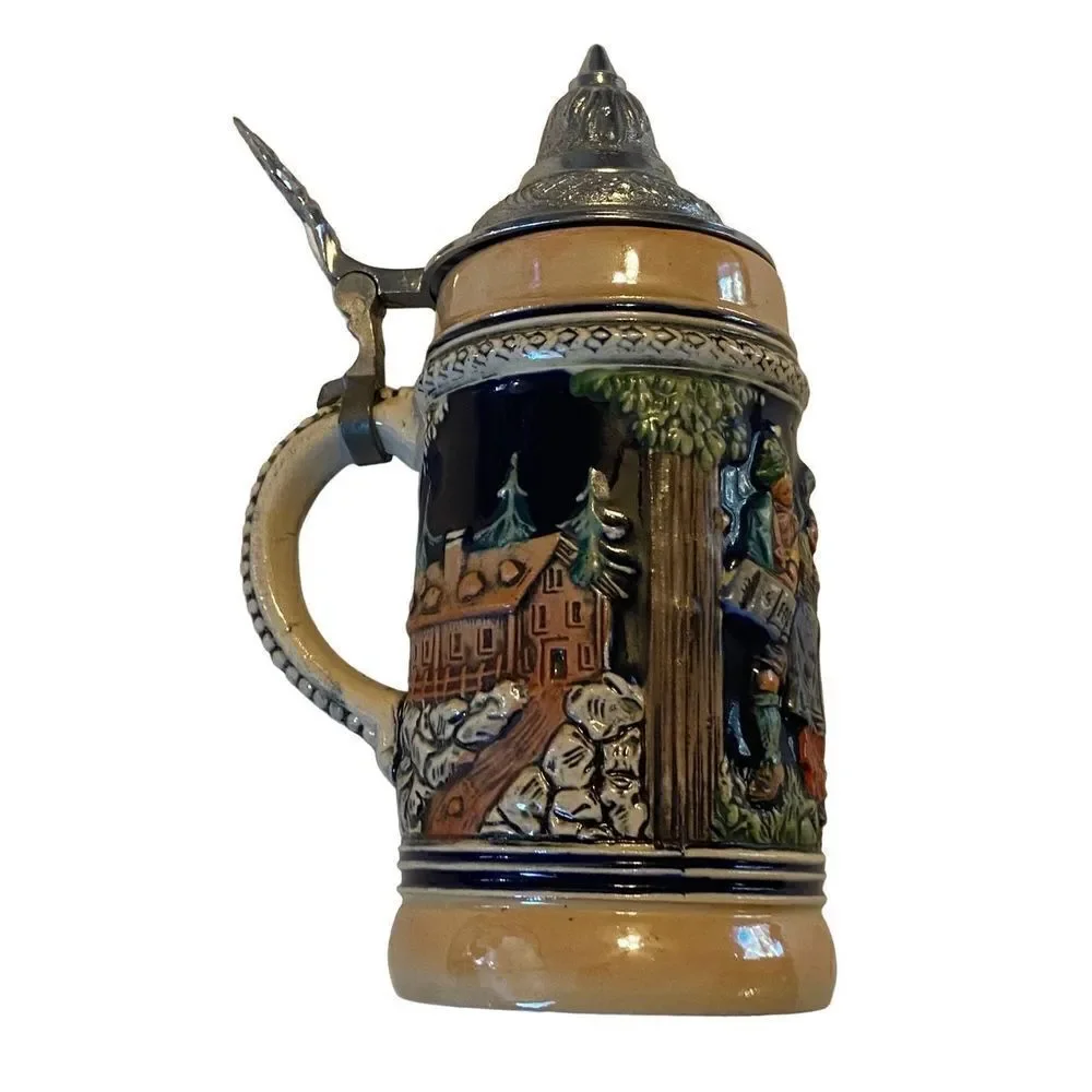 Vintage German Beer Stein 7” - Pewter Lid